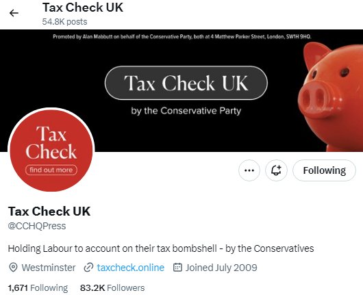 holte's tweet image. And here come the stupid dirty tactics again...

The Conservatives have changed their CCHQ twitter to a fake "Tax check UK" in a similar move to 2019 where they called it "Fact check UK" 

Expect this #BBCDebate to be full of lies, alligations and in Rishi's case... Tetchy…