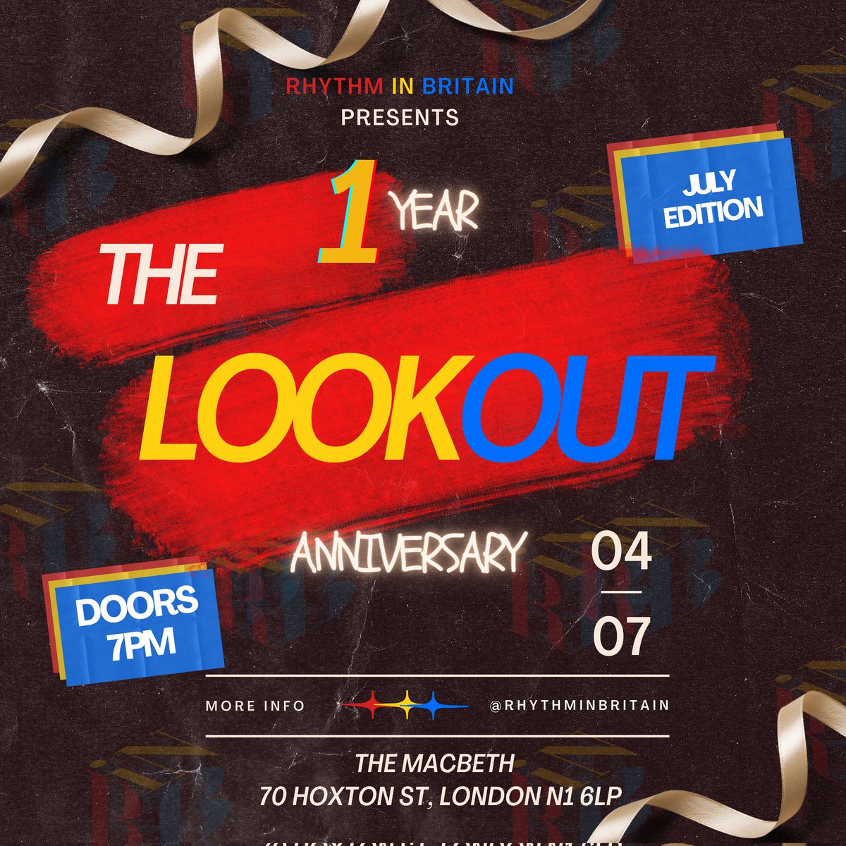 Just almost  a week away 

Rhythm in Britain Presents: The Lookout

Date: Thu, Jul 4 • 19:00 BST

Location: 70 Hoxton Street, London, N1 6LP

eventbrite.co.uk/e/rhythm-in-br…