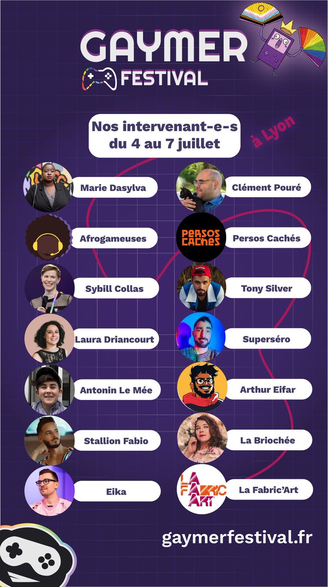 Nous vous attendons toustes nombreux•ses pour le seul festival du #jeuxvidéo #jeuxdesociété #jeuxderoles #LGBT . Nous avons le plaisir d’accueillir de grand•es artistes, tables rondes et des soirées à la croisée du monde de la culture #queer !

gaymerfestival.fr