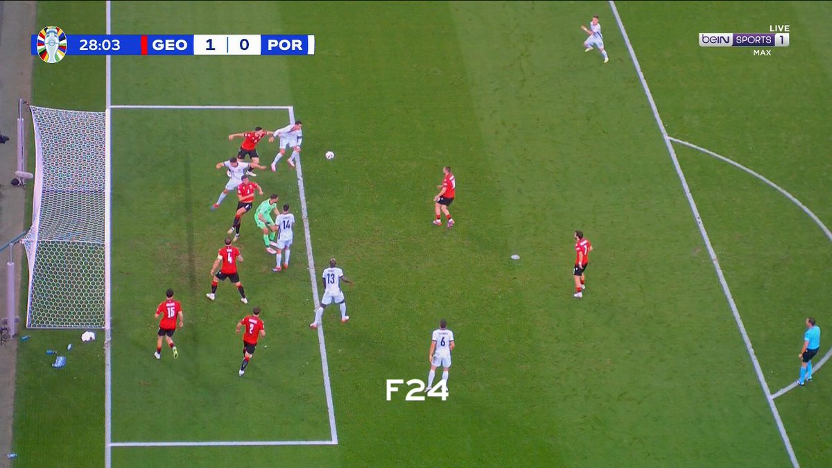 Ronaldo gets a yellow card after his shirt was pulled in the box.