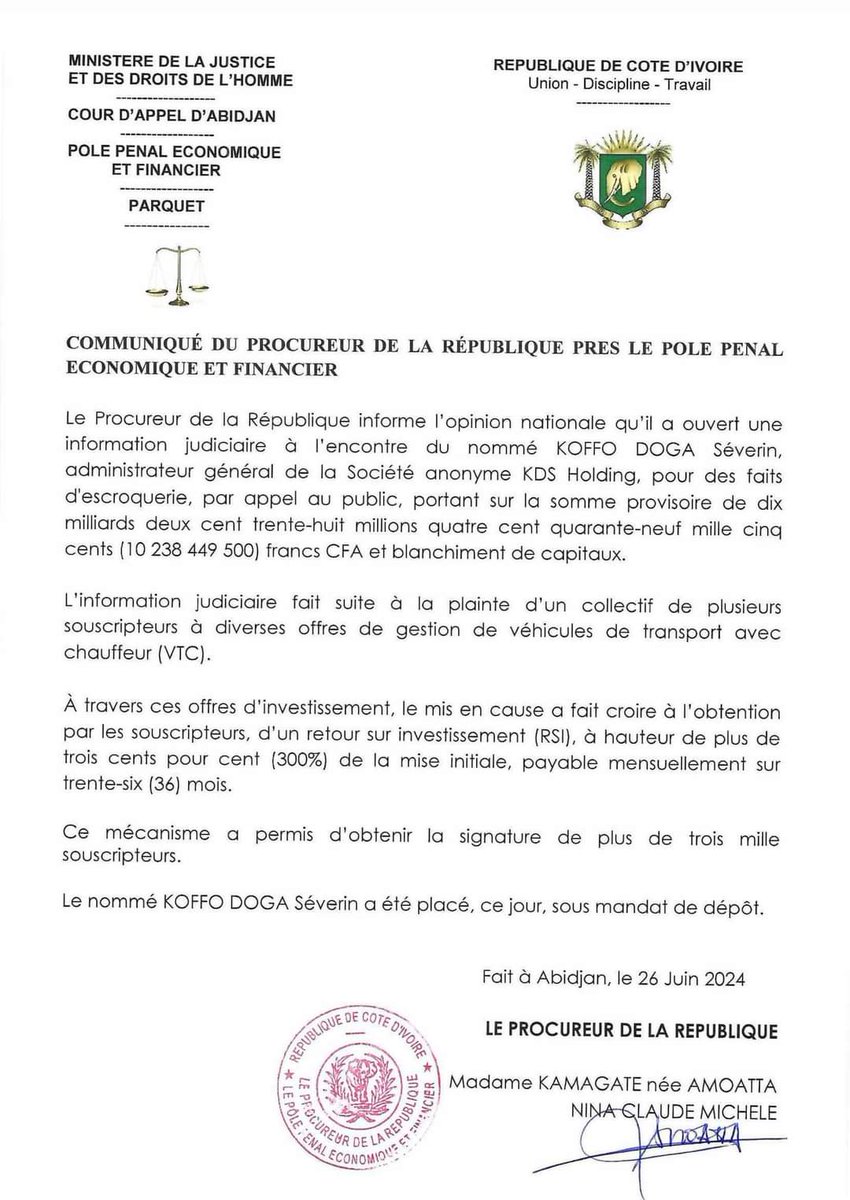 enquetemedia's tweet photo. #Justice/ Arrestation du PDG de @KdsHolding, Séverin Doga Koffo. 
● Communiqué du Pôle Pénal Economique et Financier. https://t.co/wacHyxNmZO