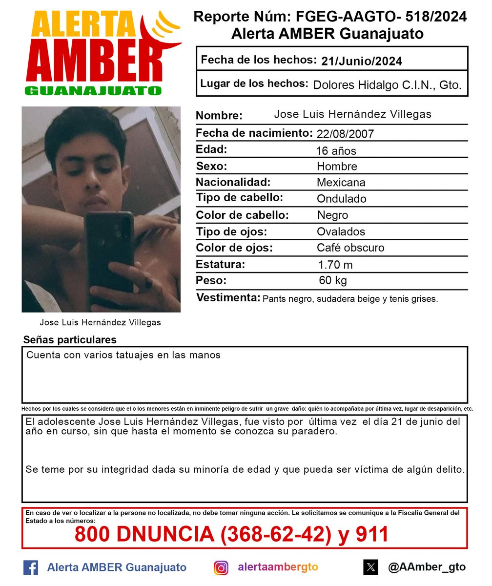 AAMBER_gto's tweet photo. Activación de la Alerta AMBER Guanajuato del Adolescente Jose Luis Hernández Villegas de 16 años de edad, Dolores Hidalgo CIN, Gto. ¡Ayúdanos a  localizarlo! https://t.co/9KBXRC45zO
