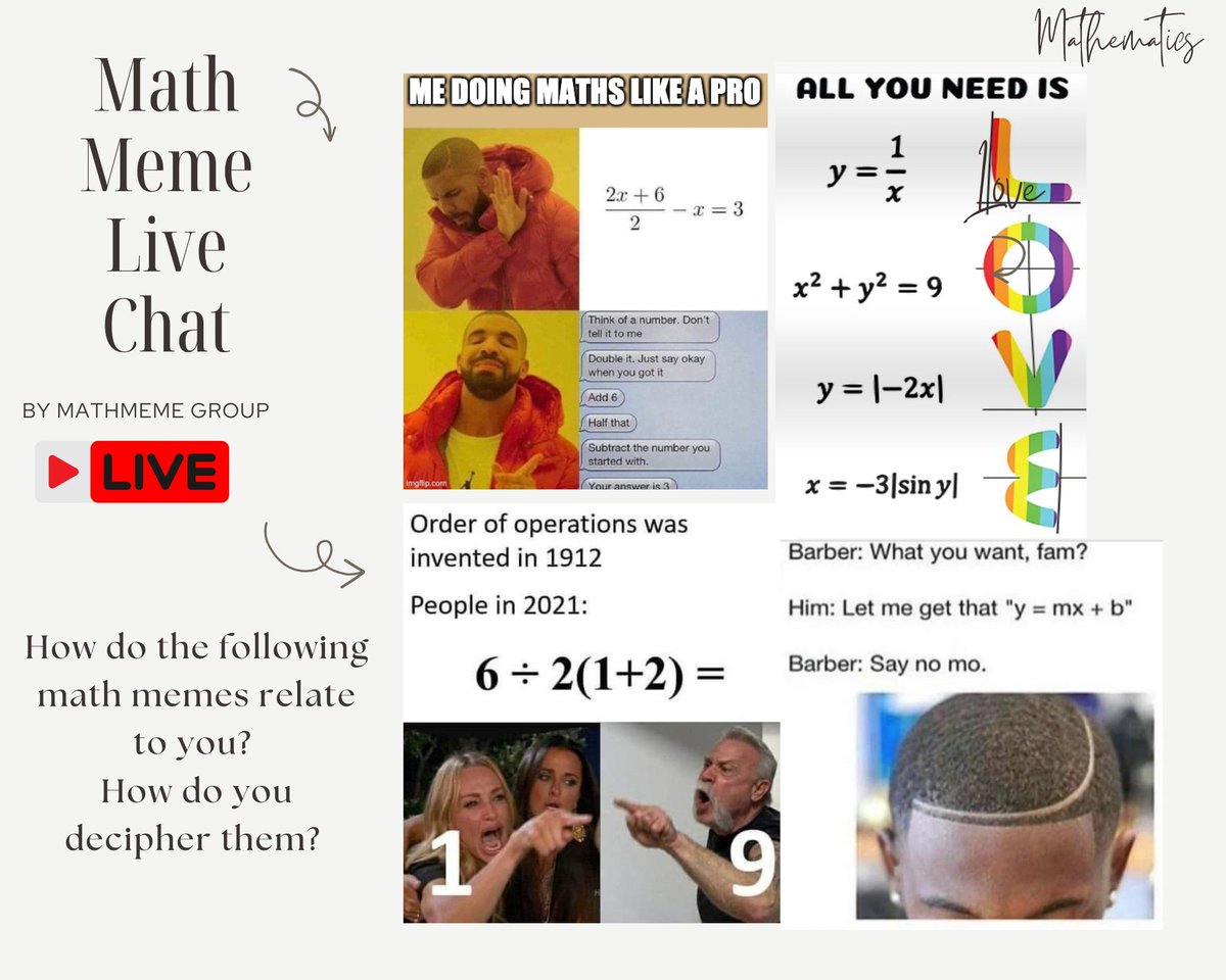 ATTENTION ‼️‼️‼️ 
Now for the time of our discussion on monthly top memes. We will be having our live chat beginning at 5 pm Central Time / 6 pm Eastern Time 🔜. Feel free to join and share any of your thoughts! 🧐
<a href="/theGreatsOfMath/">Gregory, PhD</a> <a href="/HammondsSTEM/">Elizabeth Hammonds</a> <a href="/DrGBenoit/">Dr. GB</a>
<a href="/DrGabMath/">Gábor Salopek, EdD</a>