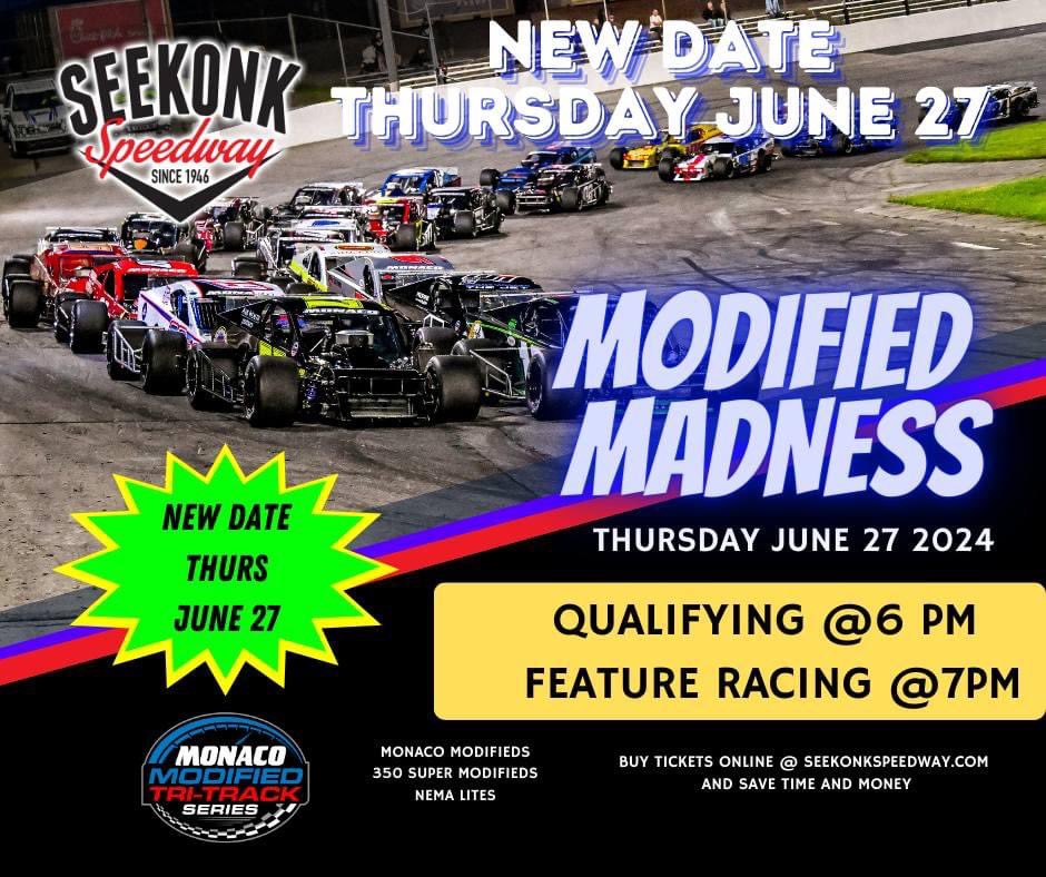 ☔️ Don’t forget - the Modified Madness event at <a href="/seekonkspeedway/">Seekonk Speedway</a> has been postponed to tomorrow, Thursday, June 27, due to weather, with the same schedule and races, including the 350 SMAC Supermodified 40-lapper.