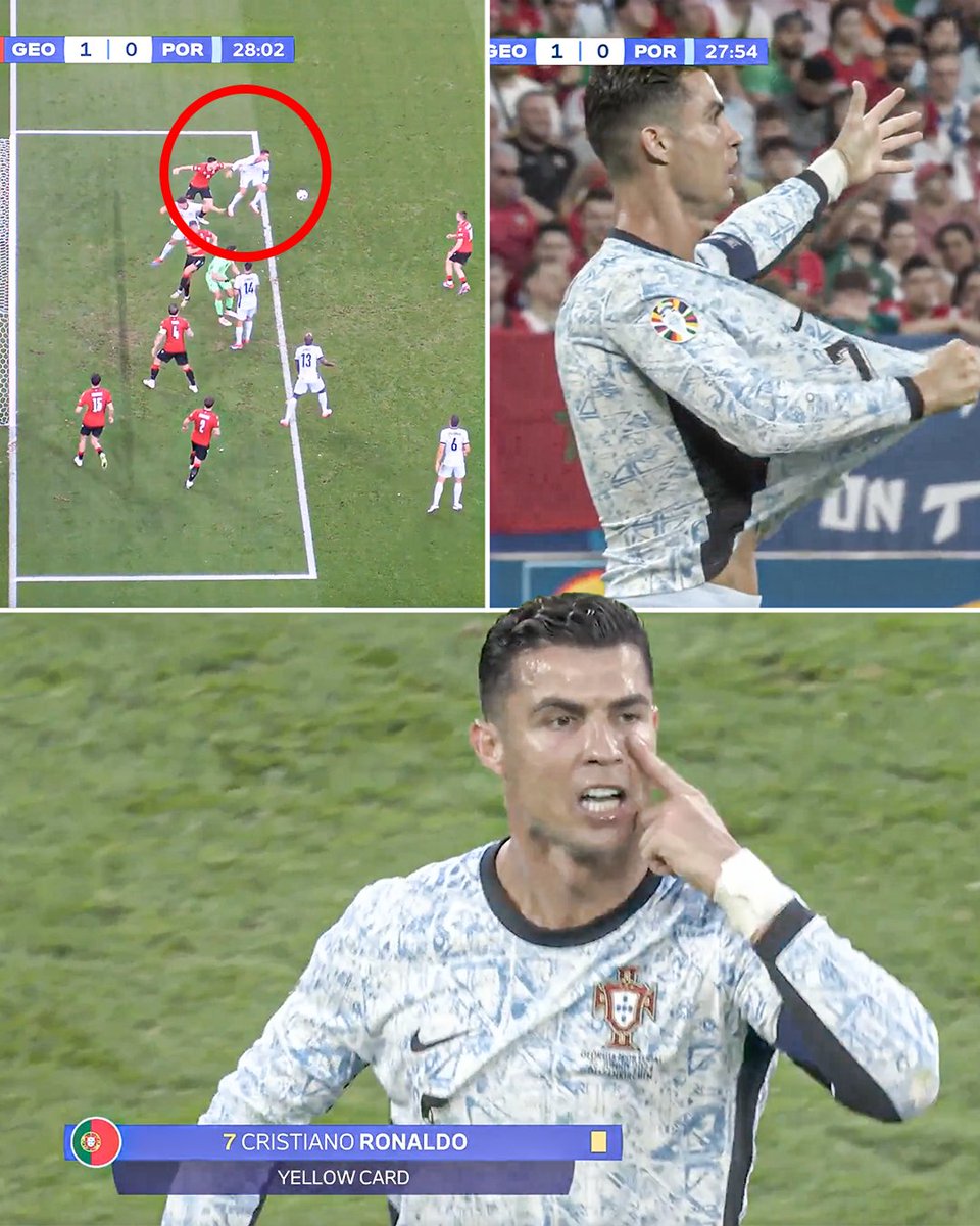 Cristiano Ronaldo was heated and got a yellow card after arguing with the official after he claimed that a Georgia player pulled his shirt in the box.