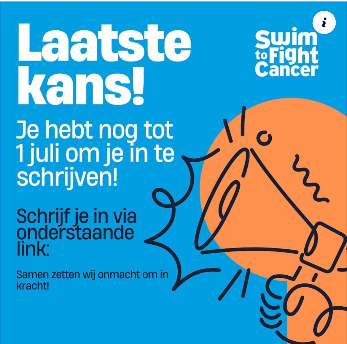 💙 Laatste kans om je in te schrijven 💙

Volgende week zondag 7 juli is het zo ver.
100 deelnemers gaan het water in voor baanbrekend onderzoek. Doe mee! Je kan je tot 1 juli inschrijven via deze link: fightcancer.nl/event/swim-to-…
Samen zetten wij onmacht om in kracht 💙💪🏼