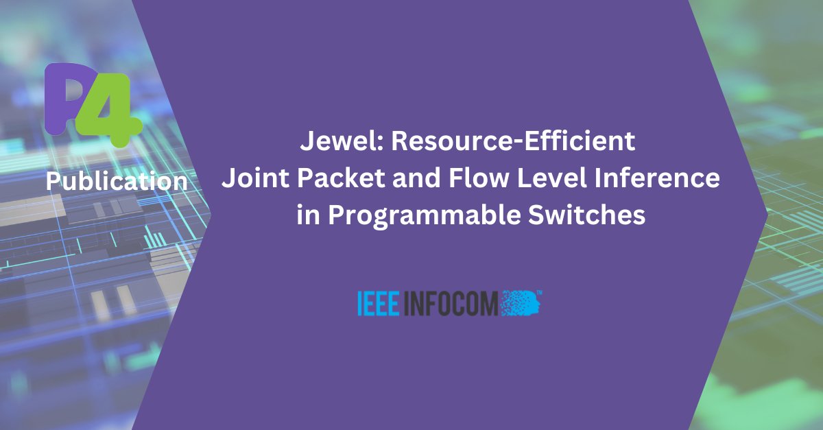 P4lang's tweet photo. Don’t miss checking out a paper by P4 community members, “ ”Jewel: Resource-Efficient Joint Packet and Flow Level Inference in Programmable Switches”, featured in @IEEEorg  INFOCOM 2024 Conference on Computer Communications | https://t.co/Aj3ZjJacLt
#P4 #OpenSource https://t.co/AgM0yeiHOh