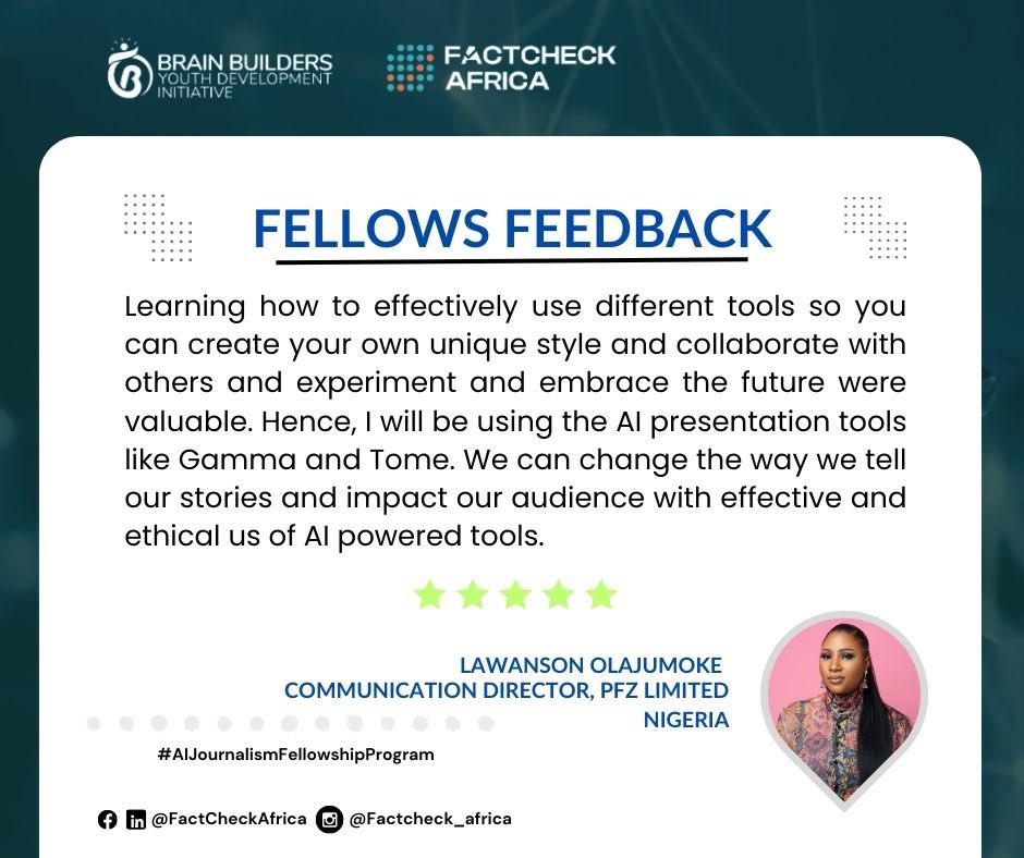 FactCheckAfrica (@factc_africa) on Twitter photo We are thrilled to share the amazing feedbacks from our recent AI Journalism Fellowship session with <a href="/Jasishana/">Justina Asishana</a> on "Creating Impactful Visuals with AI."
This session was packed with valuable insights, tools, and practical applications that our fellows found immensely We are thrilled to share the amazing feedbacks from our recent AI Journalism Fellowship session with <a href="/Jasishana/">Justina Asishana</a> on "Creating Impactful Visuals with AI."
This session was packed with valuable insights, tools, and practical applications that our fellows found immensely