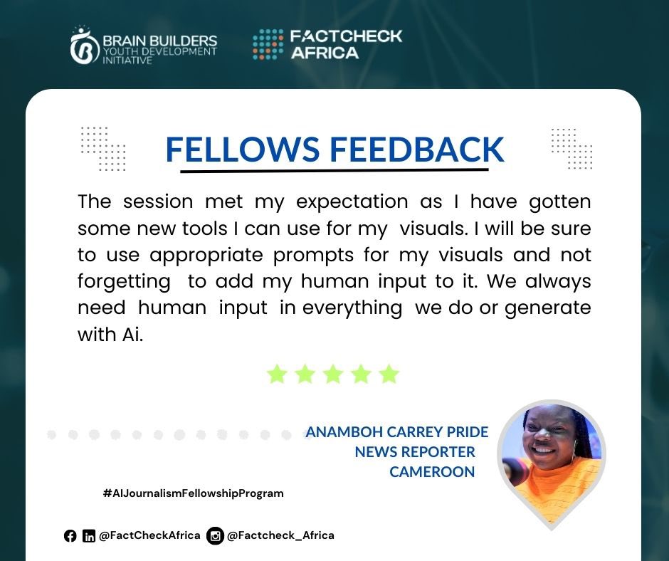 FactC_Africa's tweet photo. We are thrilled to share the amazing feedbacks from our recent AI Journalism Fellowship session with @Jasishana on "Creating Impactful Visuals with AI." 

This session was packed with valuable insights, tools, and practical applications that our fellows found immensely beneficial. Fellows’ Feedback below:

Katherine ILONA:
"The session met my expectations because I was able to learn some of the tools that can help for image generation for the newsroom and for storytelling in journalism. I found the aspect that helps us to use texts to generate images, videos, as well as audios valuable. My takeaway is that we should never be afraid of using AI in our journalism journey. Consistent use of the AI will enhance easy mastery and keep us away from the fear of losing our job and better position us ahead of others and guarantee our job."

Ali Isa Musa:
"The session met my expectations, especially the tools the facilitator mentioned. Moreover, the aspect of collaboration workflows on Canva Teams and how that can easily be integrated into newsroom activities were valuable for me. My major takeaway is that now I can use Gamma AI Tool to convert text into hyper-realistic presentations in the shortest possible time. Usually, creating presentations with other tools takes hours."

We are excited about the potential these insights and tools bring to our fellows and their future work. Stay tuned for more updates from our AI Journalism Fellowship as we continue to explore innovative ways to enhance journalism with AI.

#AIJournalism #VisualStorytelling #Innovation