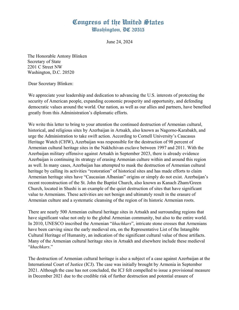 ANCA_WR's tweet photo. 47 US Representatives and @RepAdamSchiff Call for Swift Action to Protect Armenian Cultural Heritage Sites in Nagorno Karabakh/Artsakh, which are being illegally destroyed by the tyrant of Baku @presidentaz. @POTUS &amp; @SecBlinken must sanction the regime in Baku! https://t.co/pzP90AlBdn