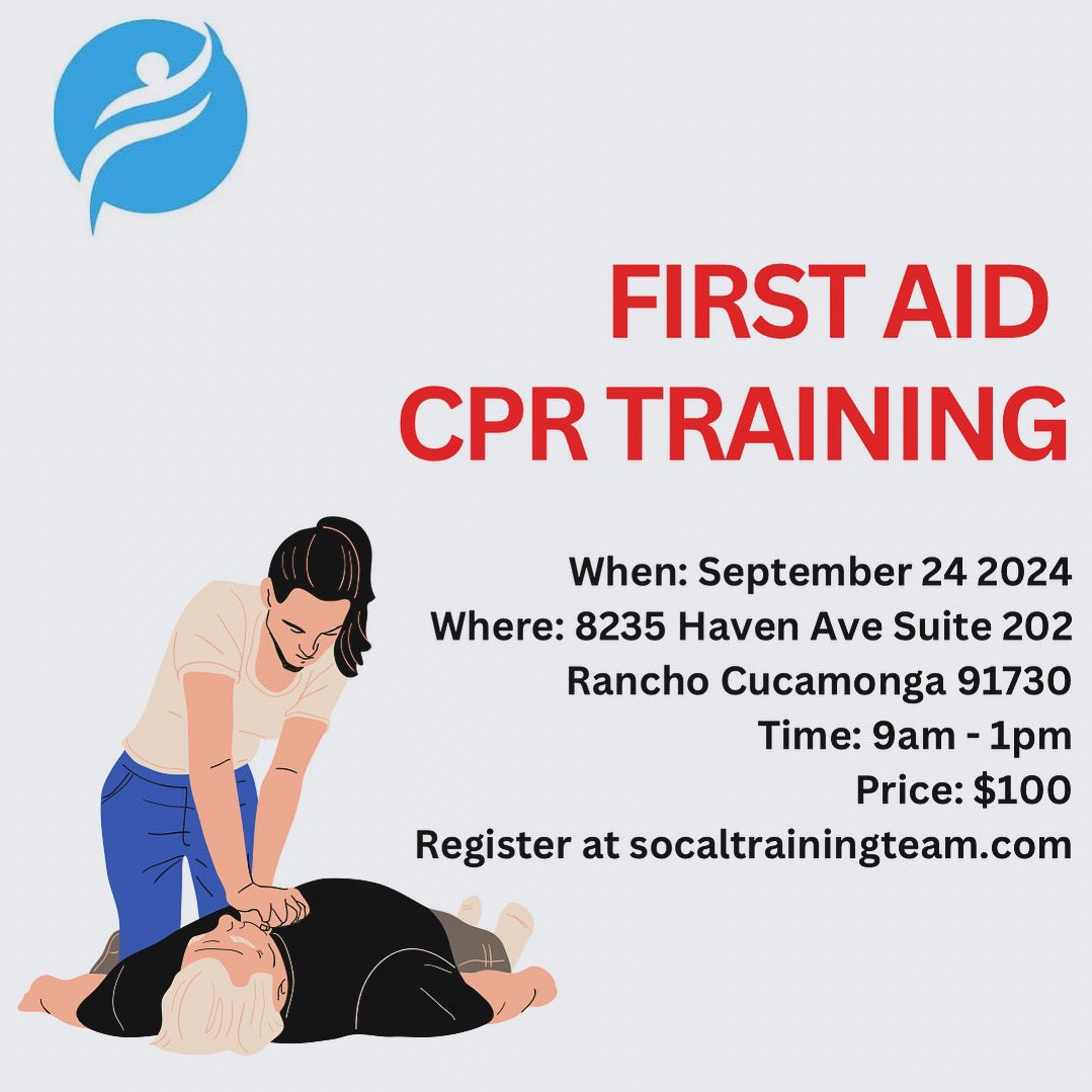 sctrainingteam's tweet image. Don’t miss out! Our IN PERSON First Aid CPR Class ! Taking place Tuesday September 24th! ⛑️ Join us and become CPR Certified.

#firstaid #cpr #cprtraining #socaltrainingteam #certified 

socaltrainingteam.com/products/first…