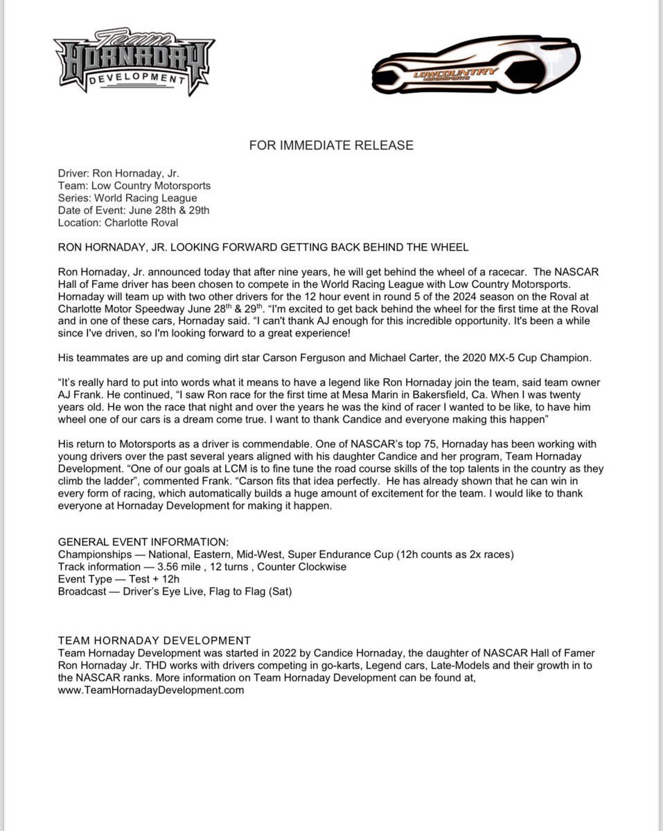 Looking forward to getting back behind the wheel this weekend <a href="/CLTMotorSpdwy/">Charlotte Motor Speedway</a> Roval. Thank you to Low Country Motorsports for the opportunity. Practice/Qualifying Friday endurance race Saturday.