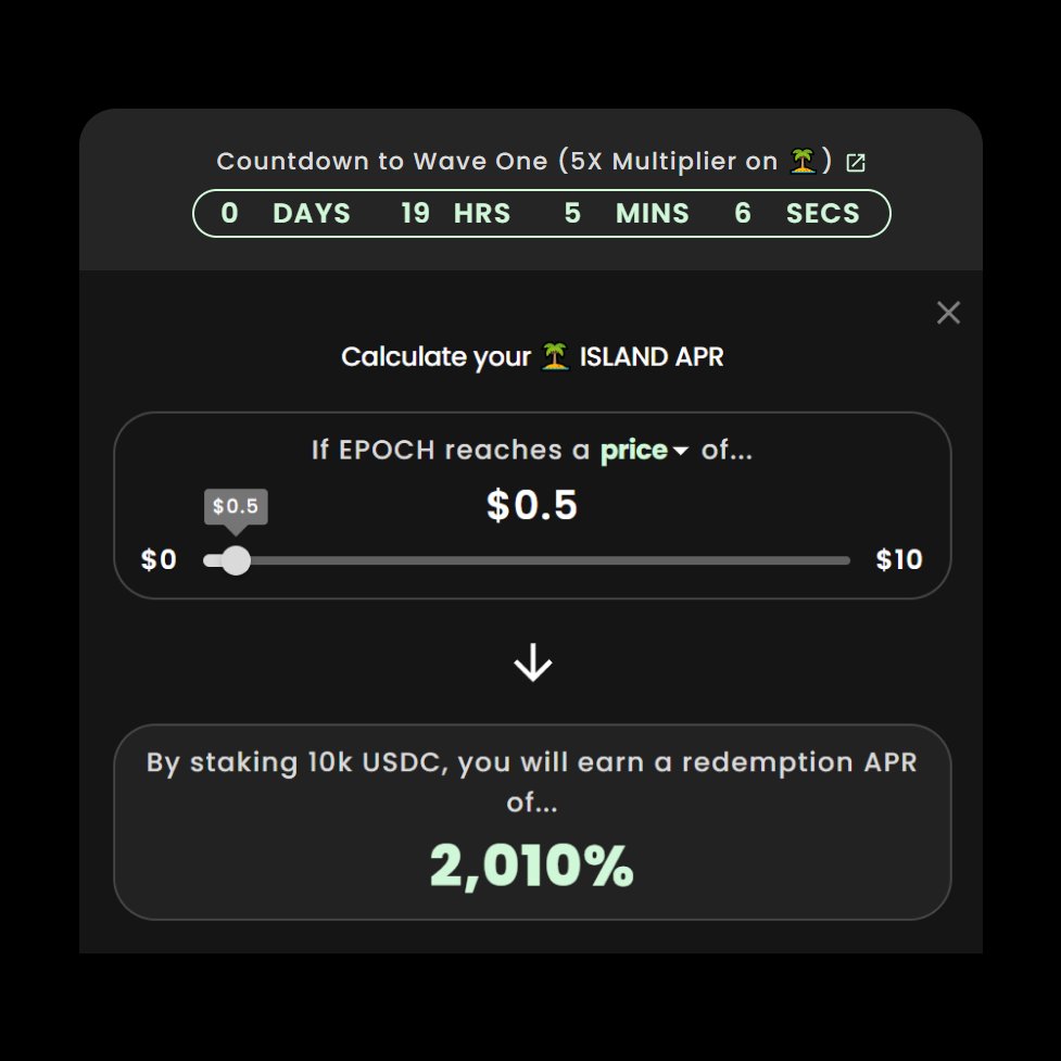 19 hours.

That's how long you have to stake before Wave One.

5X Multiplier only lasts 24 hours.

Go here: stealth.epochisland.io