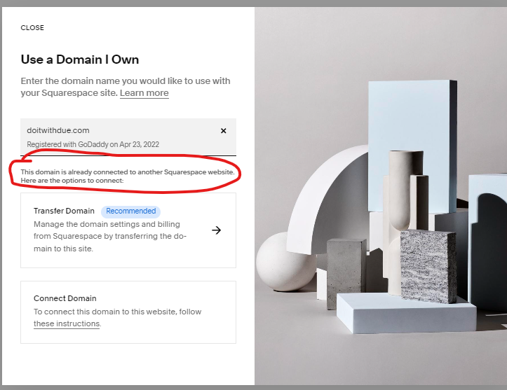 doitwithdue's tweet photo. @SquarespaceHelp what is the best way to contact you for troubleshooting? Our account is under this email: scottjulia18@gmail.com

We are unable to connect our domain to SP website (domain is https://t.co/fAKbQyP04C) - we receive the message below: 
Can you please assist? https://t.co/R3pbLpHV3i