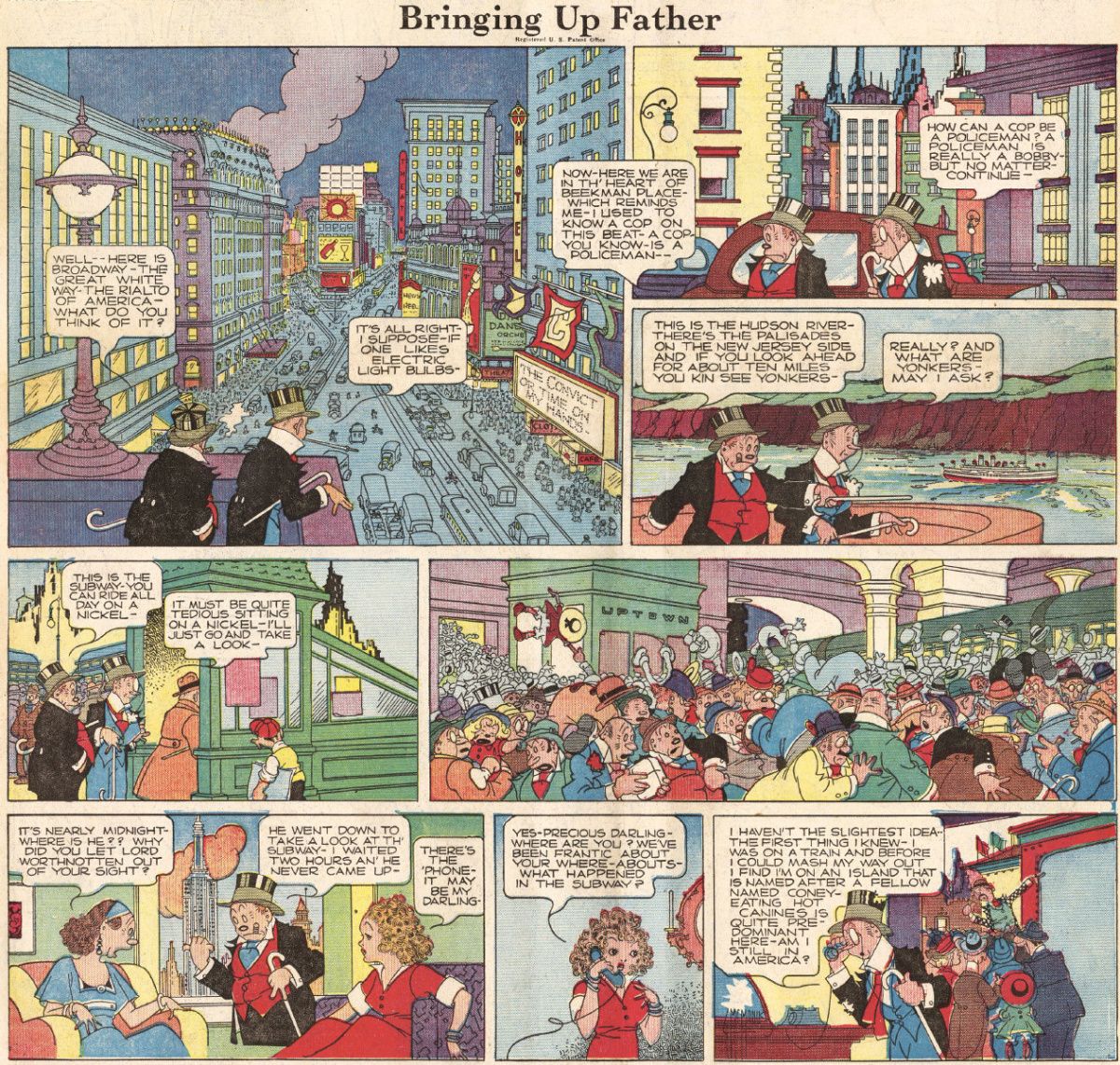 Página a color de Bringing up Father , regularmente estas se publicaban los domingos (llamadas Sunday Funnies) en los periódicos, podemos ver la calidad, complejidad del dibujo de linea clara y composición, muy cercanos al Art Nouveau y el Art Deco, el artista admiraba la obra de Aubrey Beardsley y Winsor McCay, a su vez McManus fue influencia para artistas como Herge.