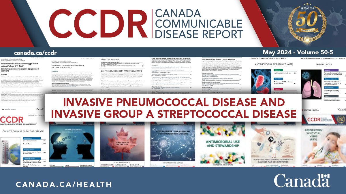GovCanHealth's tweet photo. CCDR celebrates its 50th anniversary (1975-2024)! Take a look at our May edition on invasive pneumococcal disease and invasive group A streptococcal disease.

Read more: https://t.co/gpLSf8BPvq

#CCDReport https://t.co/Z9npi9kmCS