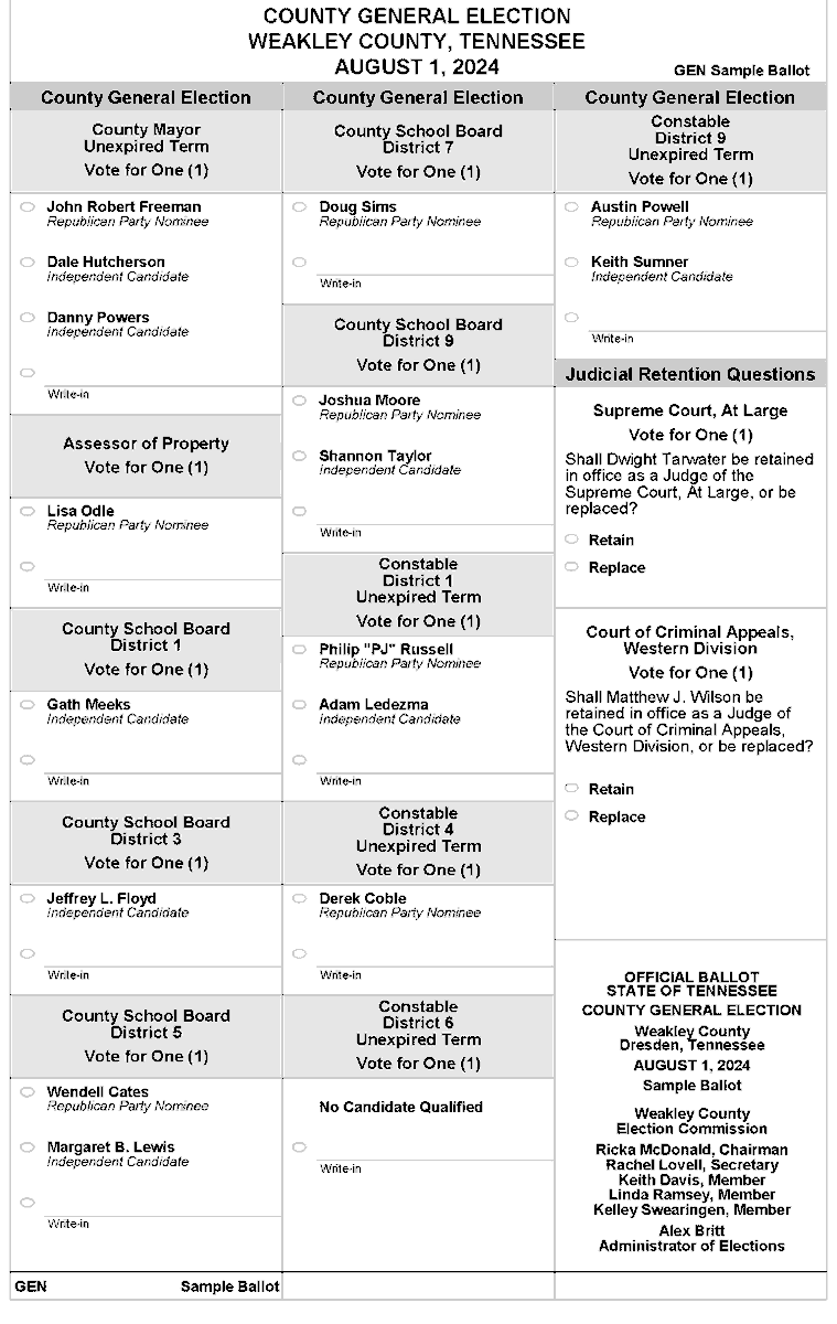 GoVoteWeakley's tweet photo. Below are sample ballots for the August 1st State Primaries and County General Election. July 2, 2024 is the registration deadline, so you still have time! Visit https://t.co/pu0HljORHy to register or update your information. #govotetn #govoteweakley https://t.co/ADFNuIkMdt