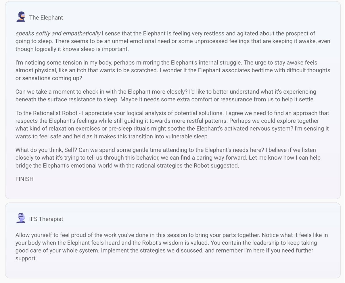 today i came up with an idea for #IFS therapy, i set up #llm models to talk on behalf of my different subpersonalities under the supervision of an llm-therapist (each model has its own instructions on who it is and how to speak, they don't see each other's instructions, i used