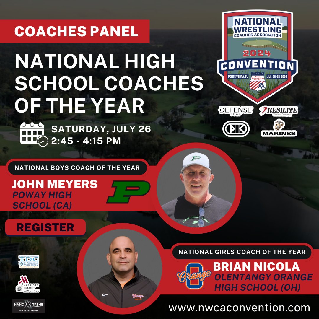 Get ready for the NWCA Convention July 26-28! Join us for the Scholastic Coach of the Year Panel, featuring Boys C.O.Y. John Meyers, Poway HS (CA) &amp; Girls C.O.Y Brian Nicola, Orange HS (OH). Don't miss out! Register now at nwcaconvention.com  #NWCAconv2024