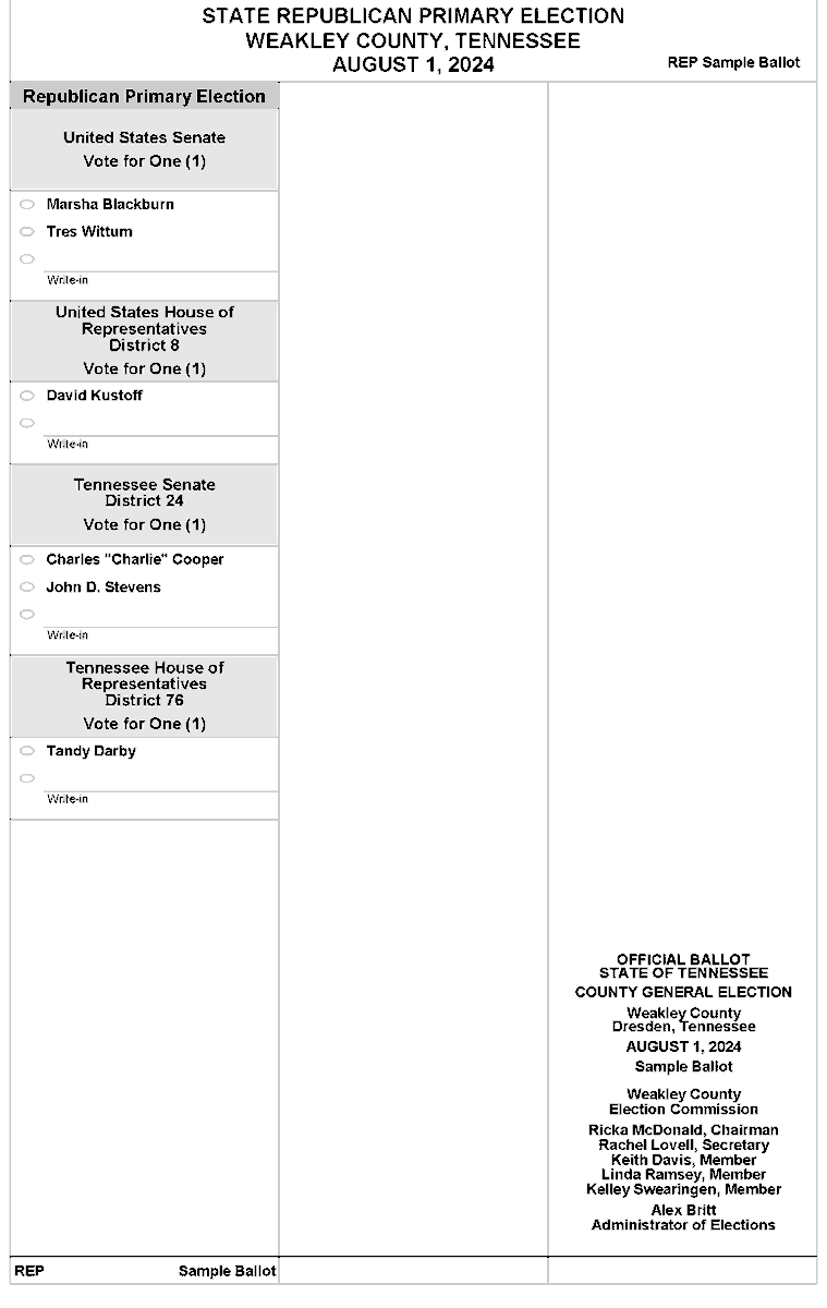GoVoteWeakley's tweet photo. Below are sample ballots for the August 1st State Primaries and County General Election. July 2, 2024 is the registration deadline, so you still have time! Visit https://t.co/pu0HljORHy to register or update your information. #govotetn #govoteweakley https://t.co/ADFNuIkMdt