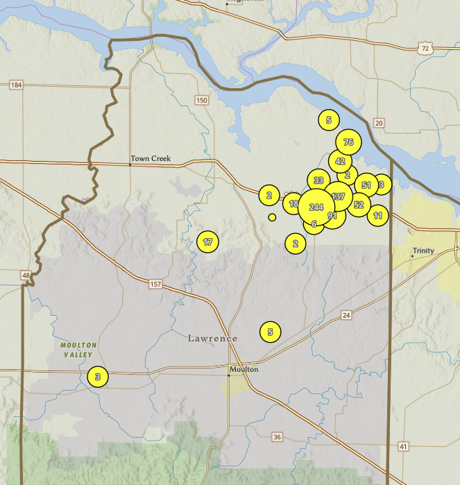 A storm moving through the Spring Creek area of Lawrence County has left 801 members without power. We have crews en route and will let you know as soon as we have more information. Please beware of the weather and remember not to approach downed power lines. You can view the