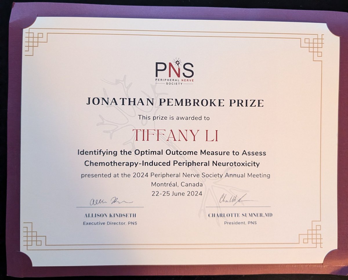 Tiffany Li (@tiff_li_) on Twitter photo Another great #PNS2024 meeting this year at Montreal! Extremely proud to be the recipient of this year's Jonathan Pembroke Award, and really do owe it to the support and guidance of my amazing mentors <a href="/zannaspark/">Susanna Park</a> <a href="/nervecentrals/">Professor Matthew C. Kiernan AM Nerve Centrals</a>
See you all next year in Edinburgh!
<a href="/PNSociety1/">Peripheral Nerve Society (PNS)</a> Another great #PNS2024 meeting this year at Montreal! Extremely proud to be the recipient of this year's Jonathan Pembroke Award, and really do owe it to the support and guidance of my amazing mentors <a href="/zannaspark/">Susanna Park</a> <a href="/nervecentrals/">Professor Matthew C. Kiernan AM Nerve Centrals</a>
See you all next year in Edinburgh!
<a href="/PNSociety1/">Peripheral Nerve Society (PNS)</a>