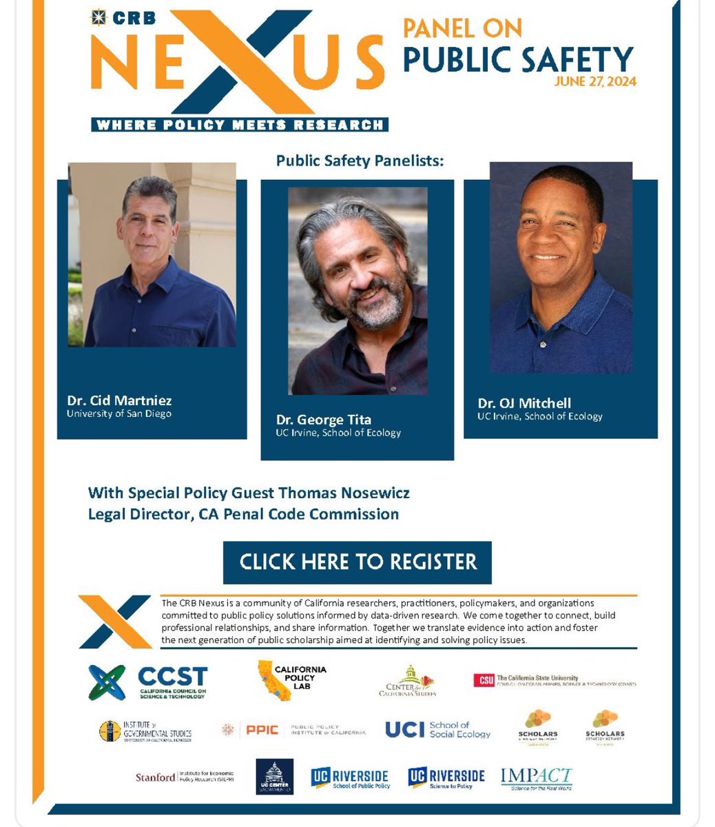 Looking forward to being on this panel by the California Research Bureau. I’ll be discussing the emergence of the ghost gun black market in California.

Register now for CRB Nexus Public Safety at 11 a.m. Thursday, June 27, 2024, Drs. cid martinez, George Tita, Ojmarrh Mitchell.