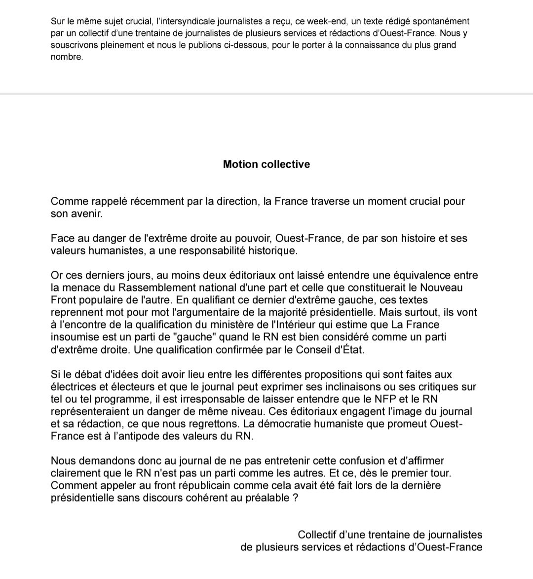 SNJ - premier syndicat de journalistes (@snj_national) on Twitter photo A <a href="/OuestFrance/">Ouest-France</a> une dérive éditoriale qui ne passe pas
😬😬😬
Alors que plusieurs éditos ont mis sur le même plan RN et Nouveau Front populaire, pour voler au secours du parti présidentiel, la rédaction en colère rappelle que le "seul vrai danger", c'est l'extrême-droite ! A <a href="/OuestFrance/">Ouest-France</a> une dérive éditoriale qui ne passe pas
😬😬😬
Alors que plusieurs éditos ont mis sur le même plan RN et Nouveau Front populaire, pour voler au secours du parti présidentiel, la rédaction en colère rappelle que le "seul vrai danger", c'est l'extrême-droite !