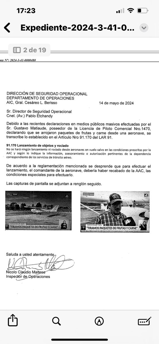 En el medio de las inundaciones en 33,el Punta Matiaude hizo lo que siempre hizo. Agarro su avioneta y le llevo alimentos a gente que estaba rodeada de agua.  La única forma que se podía trasladar era por aire.
Que hace la burocracia? Le hacen un expediente .
Ese es el Estado sin