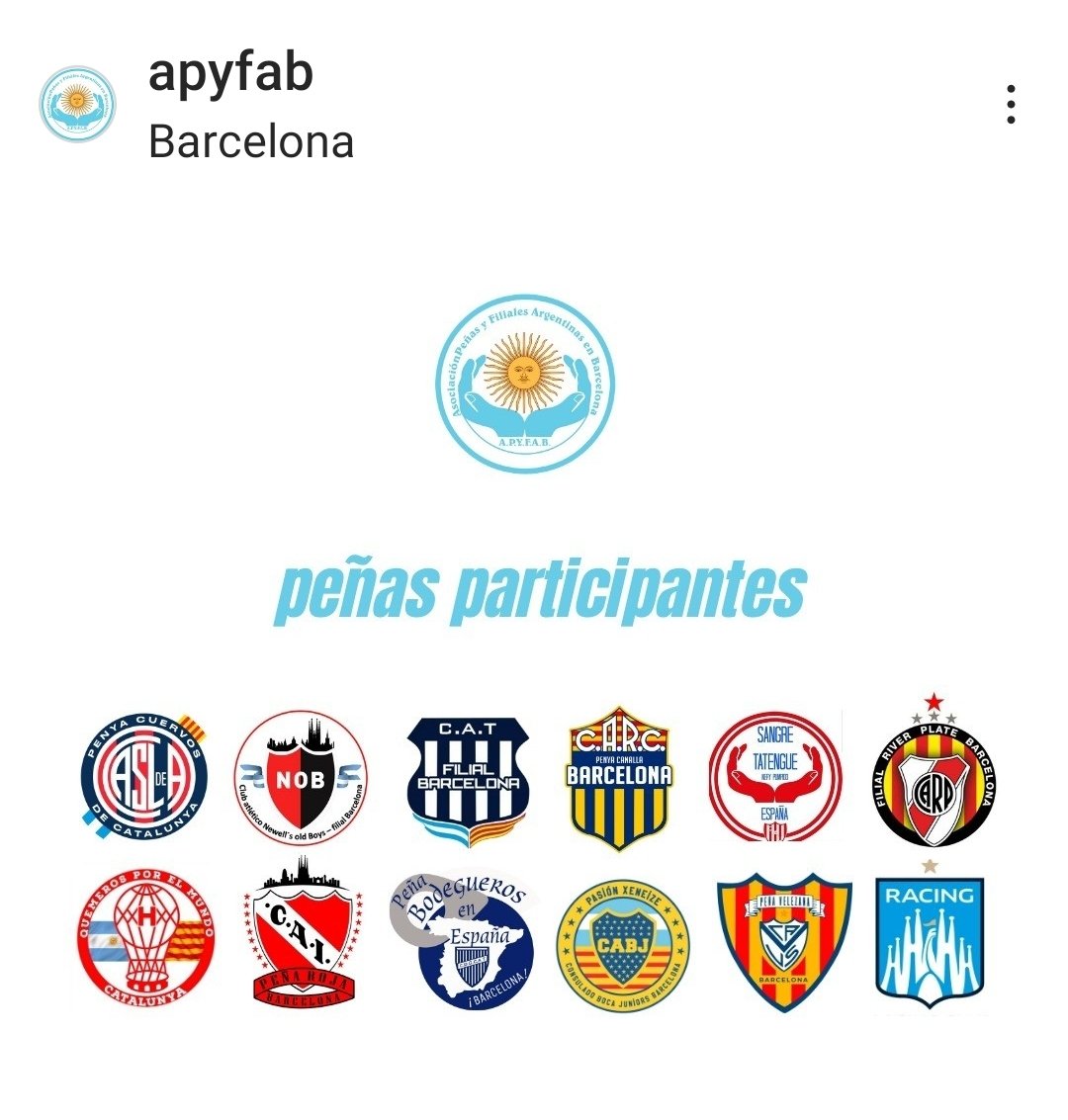 Si estás en Barcelona y queres sumarte a tu equipo de Fútbol Argetino Masculino y Femenino, contacta con nosotros.
<a href="/RiverPlate/">River Plate</a> <a href="/BocaJrsOficial/">Boca Juniors</a> <a href="/Newells/">Newell’s Old Boys</a> <a href="/Independiente/">C. A. Independiente</a> <a href="/RacingClub/">Racing Club</a> <a href="/SanLorenzo/">San Lorenzo</a> <a href="/RosarioCentral/">Rosario Central</a> <a href="/clubaunion/">Club Atlético Unión</a> <a href="/ClubGodoyCruz/">Club Godoy Cruz</a> <a href="/CATalleresdecba/">Club Atlético Talleres</a> <a href="/CAHuracan/">CA Huracán</a> <a href="/Velez/">Vélez Sarsfield</a>