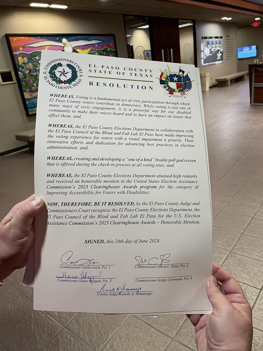 FabLabEP's tweet image. Commissioners&apos; Court honored the El Paso Council of the Blind, El Paso&apos;s Election Department, and Fab Lab for creating Braille poll pad templates that enhance voting accessibility. Congratulations! 👏🏽🤓
#accesiblevoting #accessability