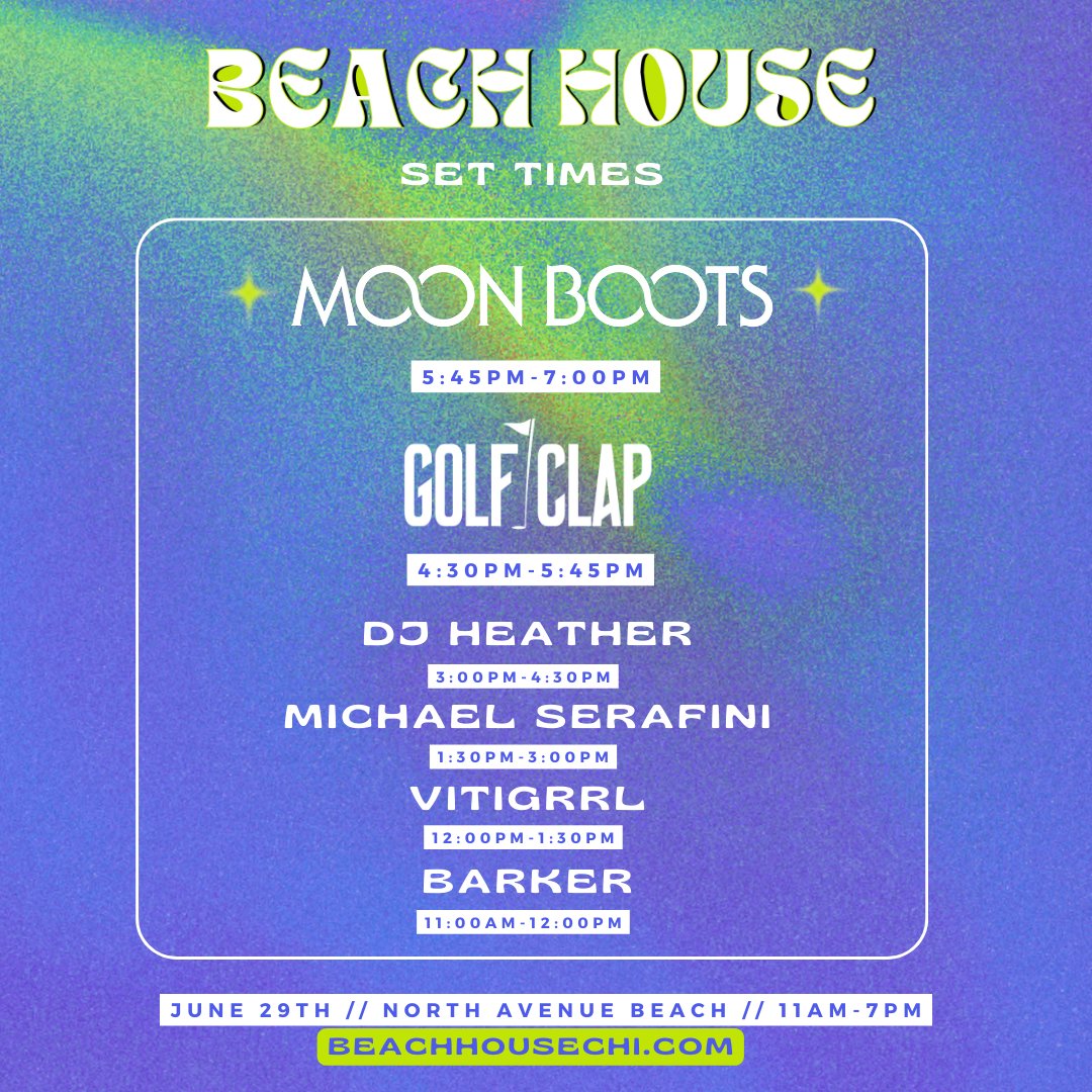 🏝️ THIS SATURDAY 🏝️ Beach House vibes on North Avenue Beach w/ <a href="/MoonBootsMusic/">Moon Boots</a>, <a href="/_golfclap/">Golf Clap</a>, &amp; some very special guests ✨

🎟: beachhousechi.com