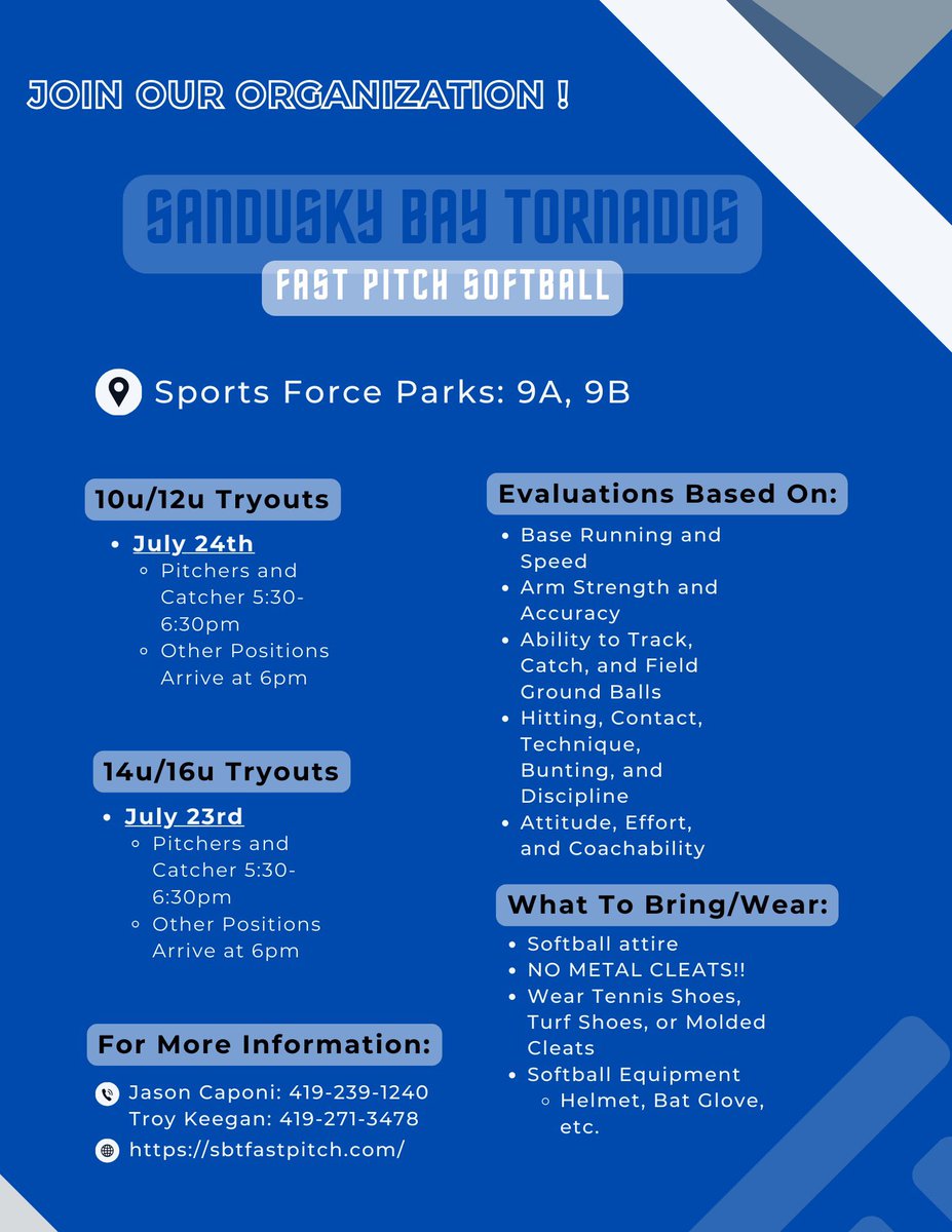 SBTfastpitch's tweet photo. TRYOUT INFORMATION! 

Come be a part of a great organization with even better people! Go Nados!🩵🌪️ https://t.co/5lTQxsRDGC