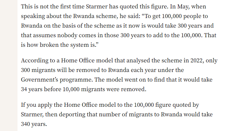 🔴Fact Check: In the #BBCdebate Starmer claimed it would take “literally 300 years” to send illegal migrants to Rwanda under the Conservatives’ flagship plan

Here's the figures - under Home Office models from 2022 to get 100,000 migrants to Rwanda it would take 340 years⬇️