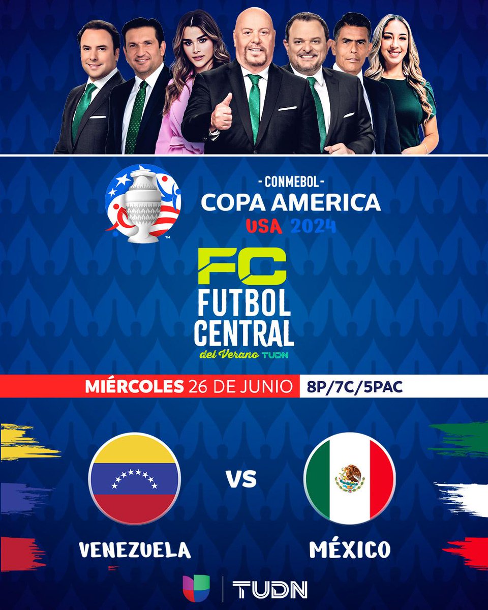La #CopaAmerica2024 continúa con el Venezuela 🇻🇪 v.  🇲🇽 México
⏰8P/7C/5PAC
¡HOY Disfrútala por Univisión y TUDN