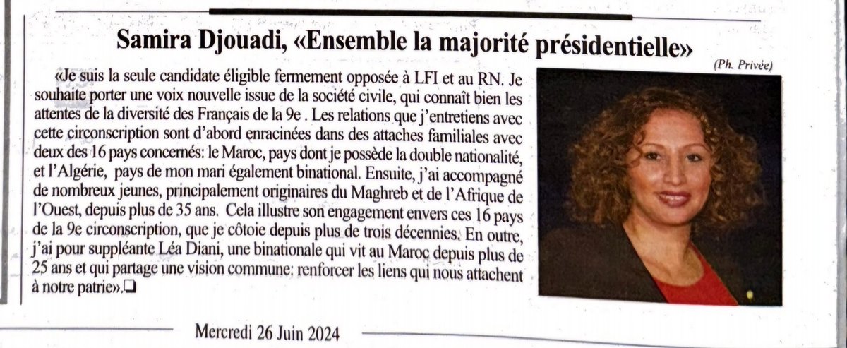 📰 <a href="/Leconomiste_/">L'Economiste</a>

Français du Maroc/Législatives: Grandes manœuvres dans la 9e circonscription

"Alors que le chant des sirènes attire les électeurs français vers la gauche ou l’extrême droite, la candidate de la majorité présidentielle, Samira Djouadi, garde espoir d’accéder au
