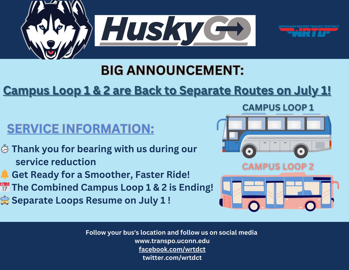 wrtdct's tweet image. 🚍 Campus Loop 1 &amp;amp; 2 are back to separate routes on July 1! 🗓️
🔄 Thank you for bearing with us during our service reduction!
🚌 Separate loops resume on July 1!

#UConnTransit #HuskyGo #CampusLoop #ServiceUpdate