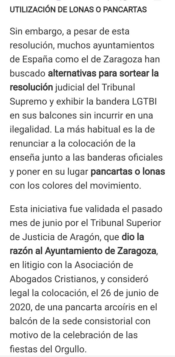 lil20199's tweet photo. @MachoPirolo @EduardoFRub Ningún Tribunal Superior de Justicia  ha prohibido jamás  la exhibición de banderas LGTBI en edificios publicos,  y  el TSJ de Aragón avaló hace dos años su colocación en el Ayuntamiento de Zaragoza. https://t.co/4Nmlp1YMvP