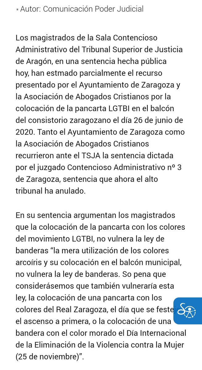 lil20199's tweet photo. @MachoPirolo @EduardoFRub Ningún Tribunal Superior de Justicia  ha prohibido jamás  la exhibición de banderas LGTBI en edificios publicos,  y  el TSJ de Aragón avaló hace dos años su colocación en el Ayuntamiento de Zaragoza. https://t.co/4Nmlp1YMvP