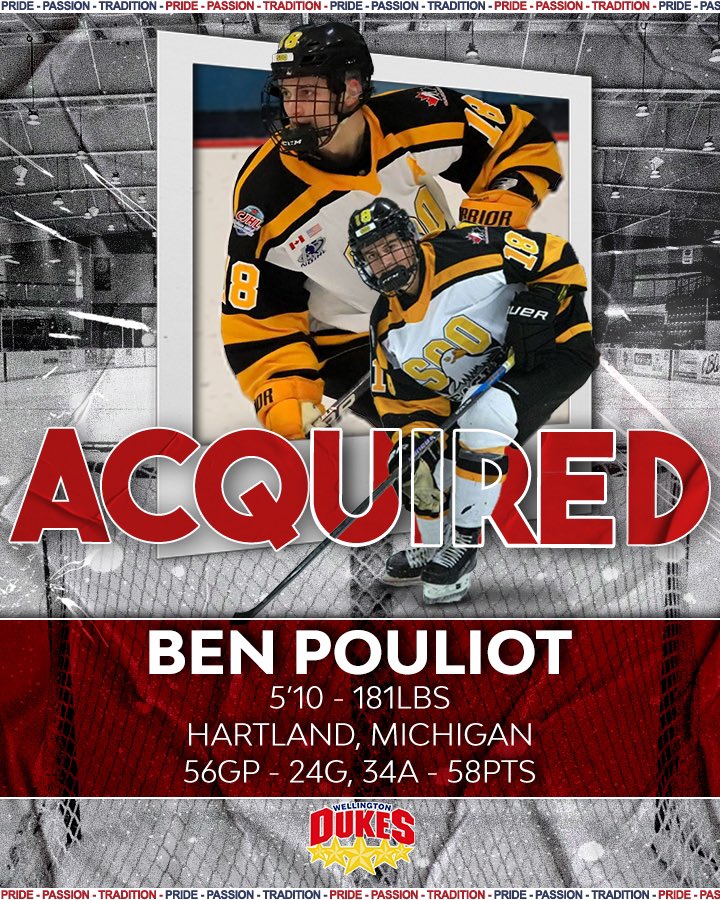 The Wellington Dukes are excited to announce the acquisition of Ben Pouliot from the Soo Eagles of the NOJHL. The Hartland, Michigan native scored 58pts (24G,34A) in 56 games last season! 

Welcome to Welly Ben!

#totalsportsquinte | <a href="/TSportsQuinte/">Total Sports Quinte</a>