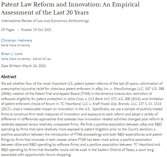 Brian J. Love (@brianjlove) on Twitter photo In a newly revised paper now forthcoming in IRLE, <a href="/crhelmers/">Christian Helmers</a> and I assess whether 4 of the most significant US patent system reforms of the last 20 years (eBay, PTAB, Alice, and TC Heartland) had a measurable impact on innovation: papers.ssrn.com/sol3/papers.cf… In a newly revised paper now forthcoming in IRLE, <a href="/crhelmers/">Christian Helmers</a> and I assess whether 4 of the most significant US patent system reforms of the last 20 years (eBay, PTAB, Alice, and TC Heartland) had a measurable impact on innovation: papers.ssrn.com/sol3/papers.cf…