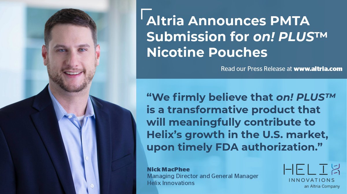 AltriaNews's tweet photo. Altria Announces PMTA Submission for on! PLUS™ Nicotine Pouches | Read our press release at https://t.co/ymsXwfwLgz
$MO #MovingBeyondSmoking https://t.co/0aKdVW6XYS