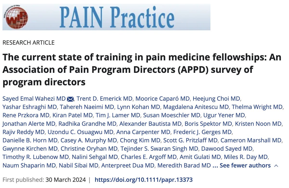Memorial Sloan Kettering Anesthesia (@msk_anesthesia) on Twitter photo Check out the new article with Dr Amitabh Gulati - "The current state of training in pain medicine fellowships: An Association of Pain Program Directors (APPD) survey of program directors"
onlinelibrary.wiley.com/doi/abs/10.111… Check out the new article with Dr Amitabh Gulati - "The current state of training in pain medicine fellowships: An Association of Pain Program Directors (APPD) survey of program directors"
onlinelibrary.wiley.com/doi/abs/10.111…