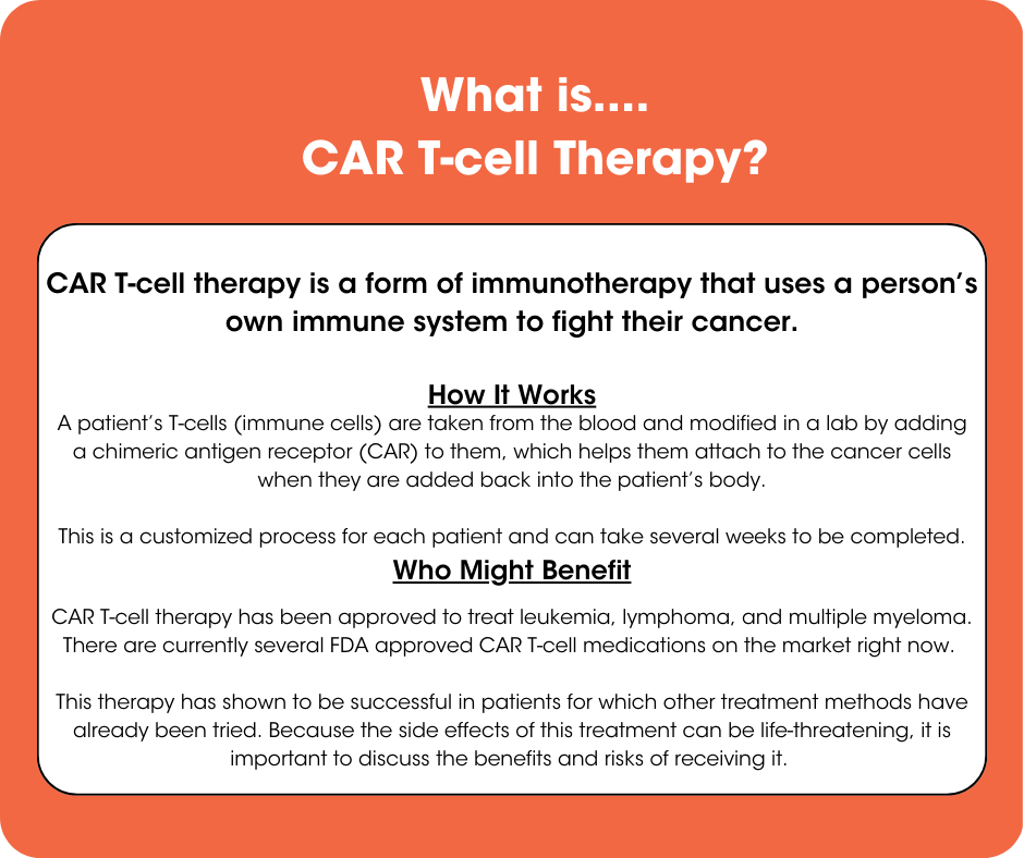BCFMichigan's tweet image. It's time for another What Is... Wednesday. Today we're discussing CAR T-cell therapy, a fairly new therapy that has been effective in hard-to-treat leukemia, lymphoma, and multiple myeloma.