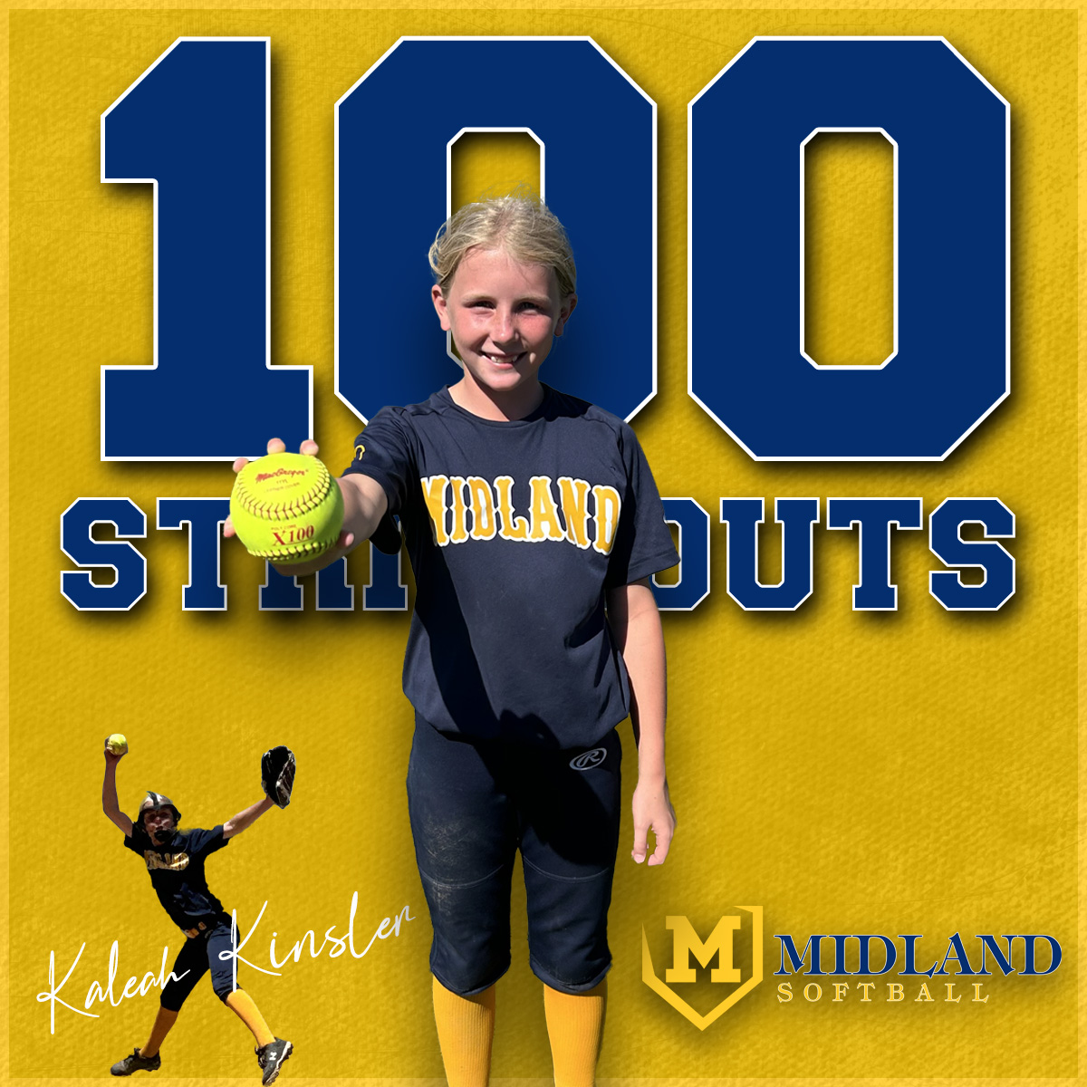 Midland Softball- Reynolds 2014, Kaleah Kinsler hit a milestone this week.  She reached her 100th strikeout on the season!  She was also on fire this year throwing 28 more strikeouts over the weekend.