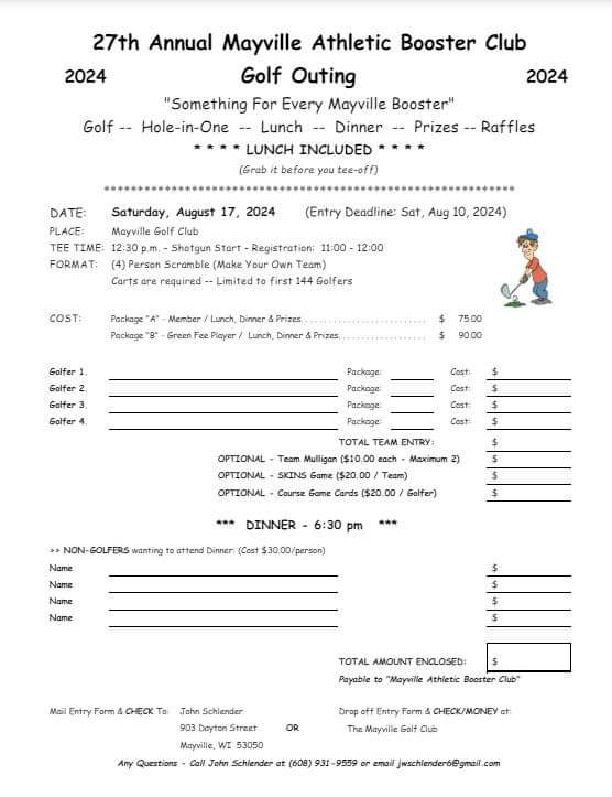 SchlenderJ's tweet photo. Support Mayville Athletics by joining us for the 27th Annual Mayville Athletic Booster Club Golf Outing on August 17. Sign up early to save your spot! https://t.co/kfmPVQ9KcO