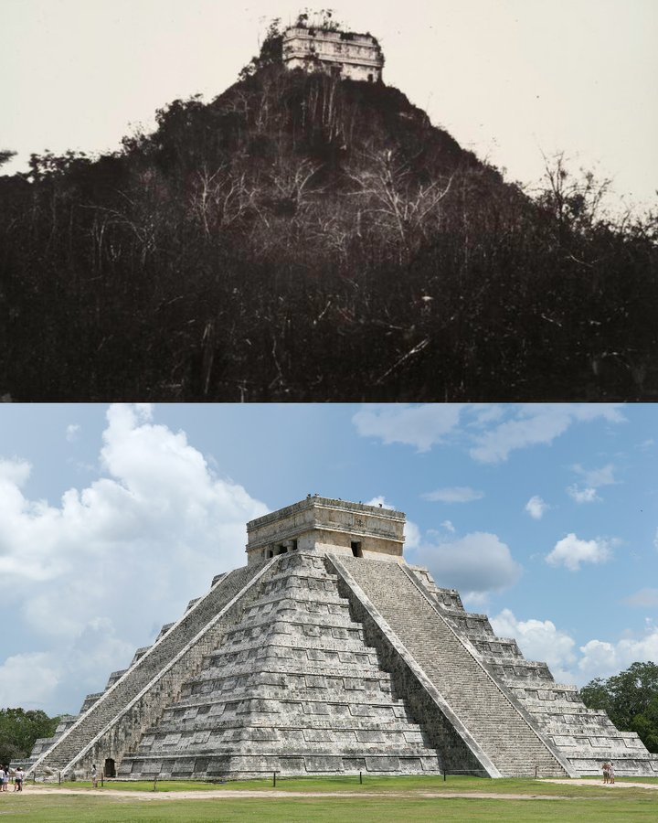 temposhistorico's tweet photo. Chichen Itza (antigo templo Maia no atual México) em 1892 antes de sua escavação e agora nos dias atuais https://t.co/VwmiCUDMIA