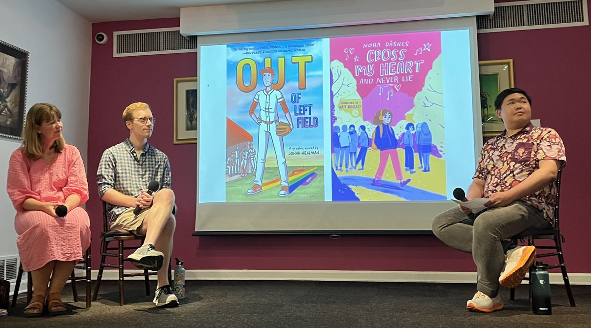 NorwayNYC's tweet photo. Drawing 🏳️‍🌈. Beautiful conversation w Nora Dåsnes, @jonahmnewman and @Waxenwings of @RHKidsGraphic at @SOI128. We are proud of your and look forward to your next graphic novel, Nora, "Save Our Forest!", out 30 July on @HippoParkBooks @astrahousebooks. @Norwegianbooks https://t.co/OHzZZGWxrB