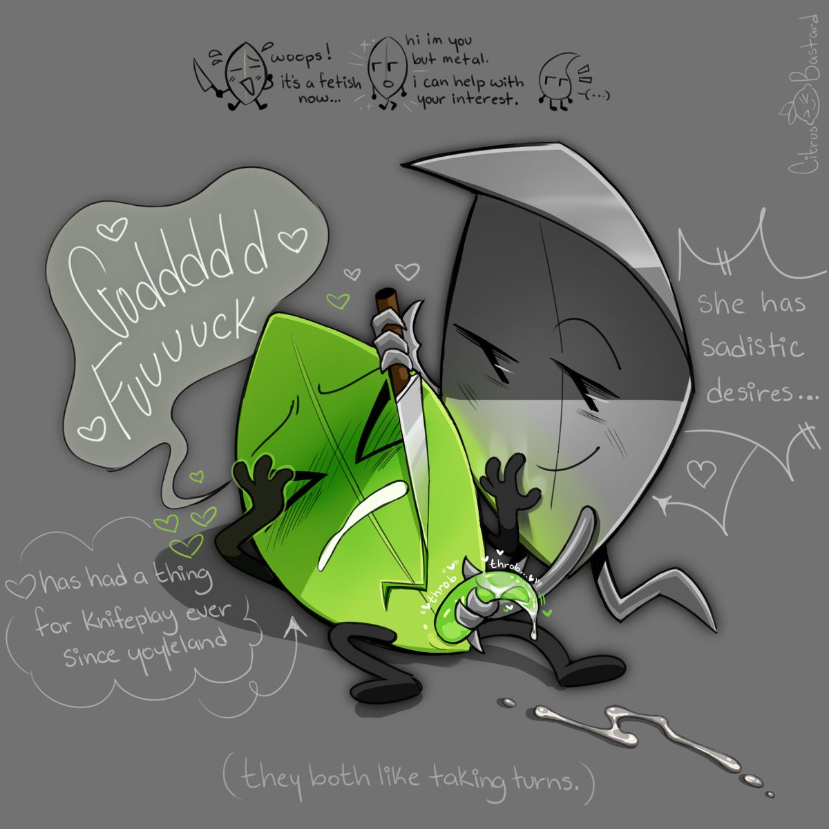 lemonbastards96's tweet image. tw: knives / weapon play
forgot to upload this for a while but. i liked this idea.... ive always been a fan of leafy having a thing for knives and being both into using them And having them used on her