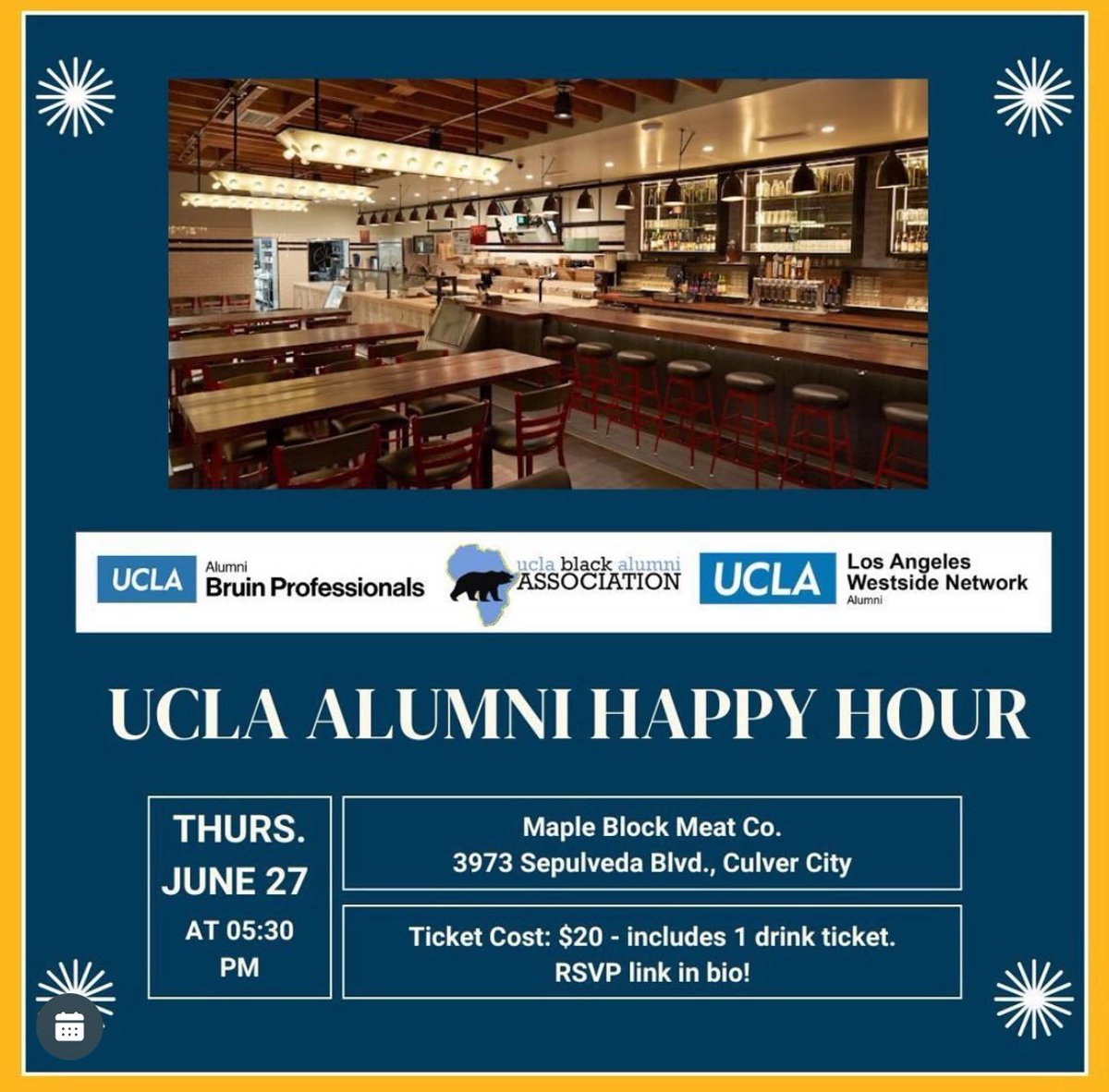 Meet us at Maple Block Meat Co. in Culver City tomorrow night for happy hour and networking!⭐️ we’re looking forward to connecting with UBAA x Bruin Professionals x Westside Bruins Alumni🍸 bring your alumni friends! 

RSVP:

giving.ucla.edu/Standard/NetDo…